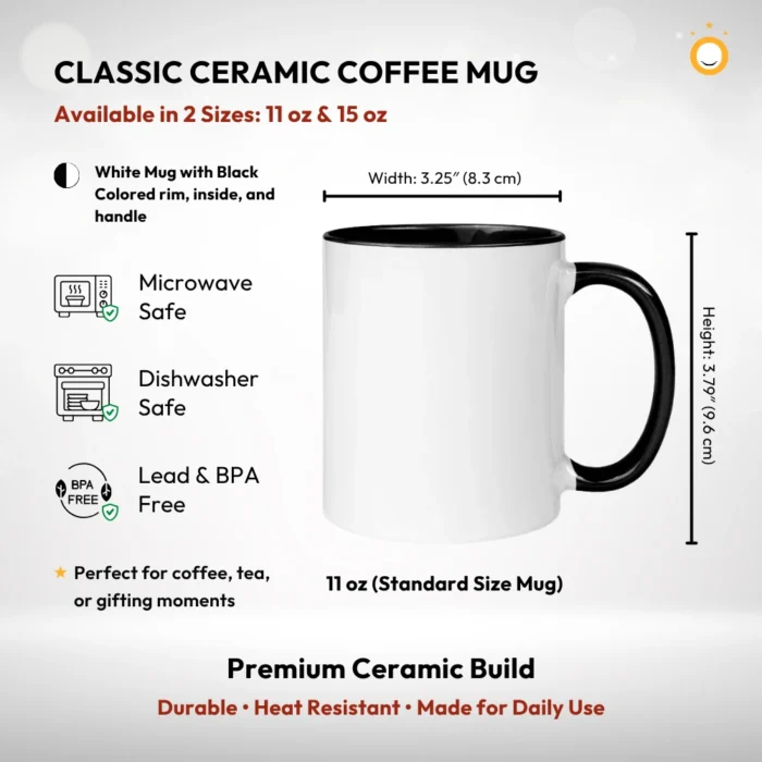 11 oz Standard White Ceramic Coffee Mug with Black Coloured Rim, Inside and Handle Size Measurements