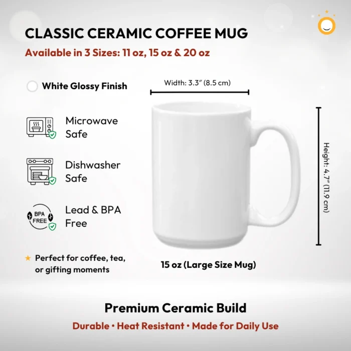 15 oz Large White Ceramic Coffee Mug Size Measurements