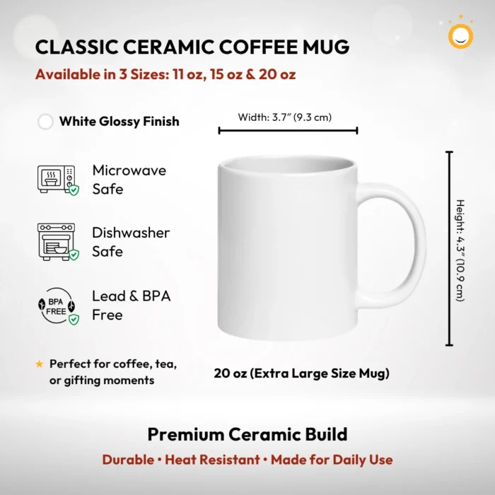 20 oz Extra Large White Ceramic Coffee Mug Size Measurements