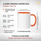 11 oz Standard White Ceramic Coffee Mug with Orange Coloured Rim, Inside and Handle Size Measurements