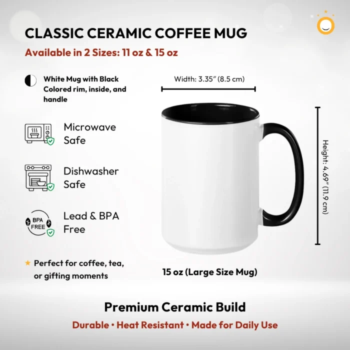 15 oz Large White Ceramic Coffee Mug with Black Coloured Rim, Inside and Handle Size Measurements