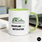 Discipline Over Motivation 11 oz Green Mug Front View