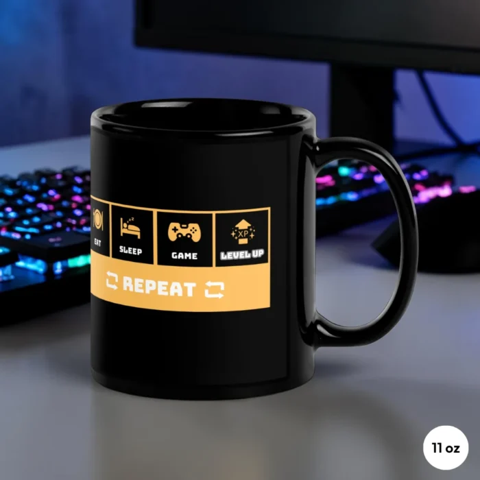 Eat Sleep Game Level Up Repeat 11oz Gaming Mug Front View Eat Sleep Game Level Up Repeat 11oz Gaming Mug Front View
