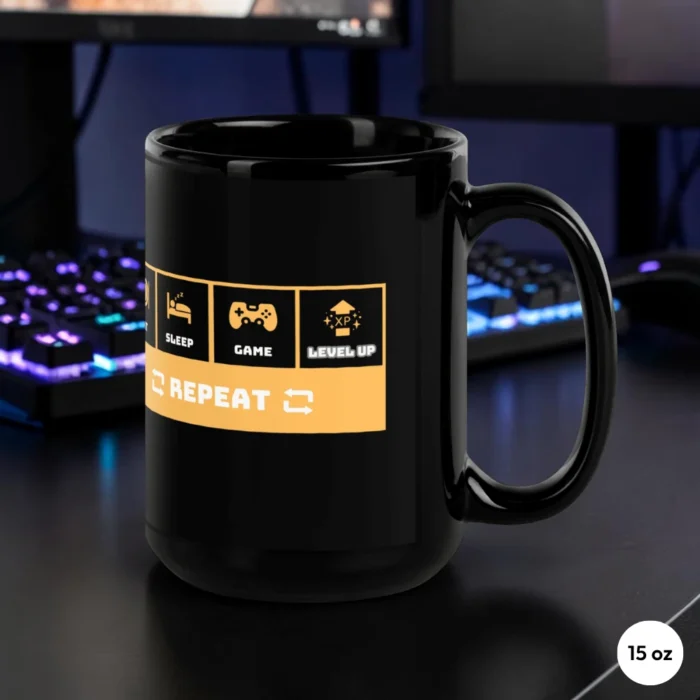 Eat Sleep Game Level Up Repeat 15 oz Gaming Mug Front View Eat Sleep Game Level Up Repeat 15 oz Gaming Mug Front View
