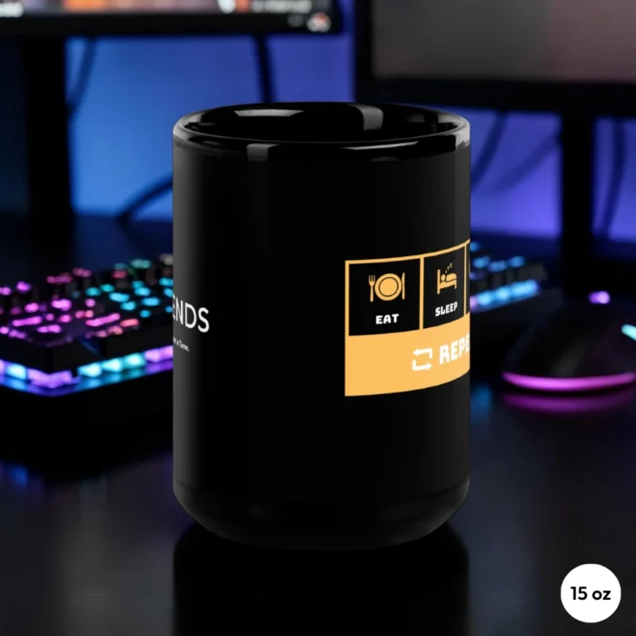Eat Sleep Game Level Up Repeat 15 oz Gaming Mug Side View Eat Sleep Game Level Up Repeat 15 oz Gaming Mug Side View