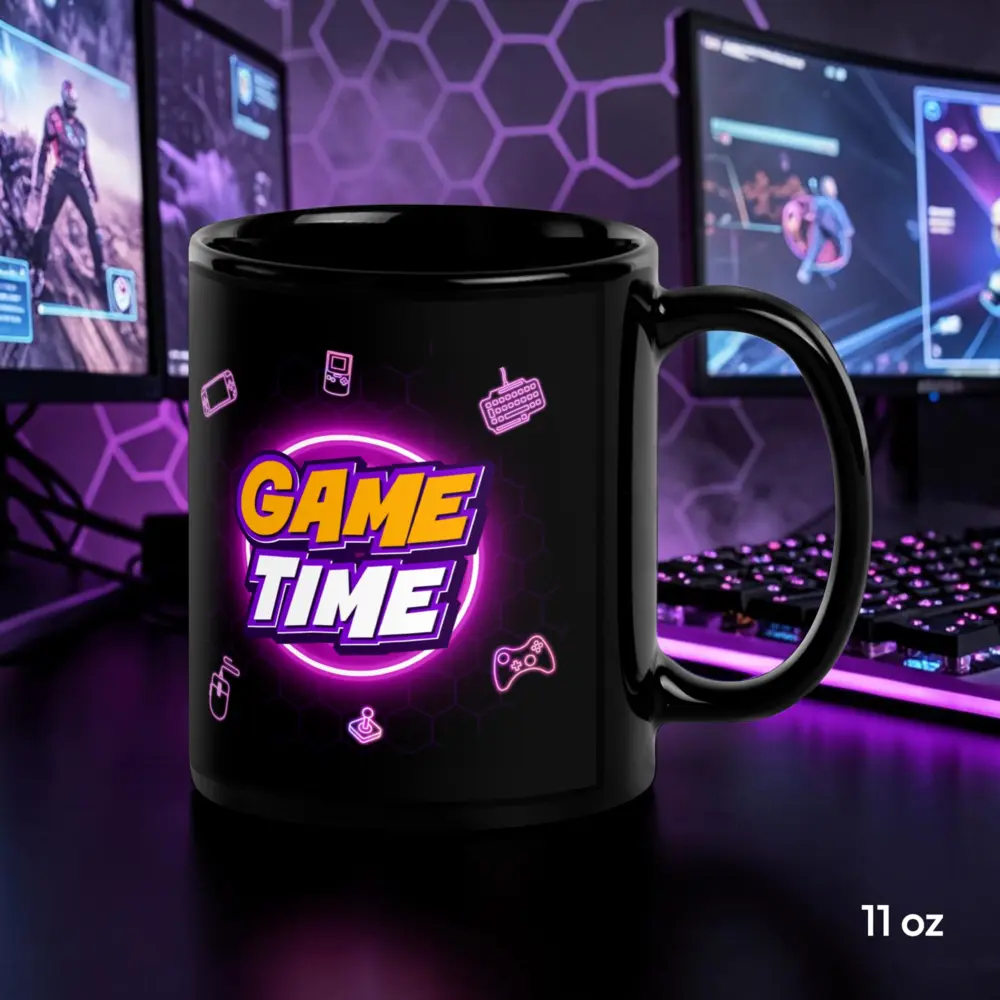 Game Time Neon Gaming Mug – Black Glossy Gamer Coffee Mug