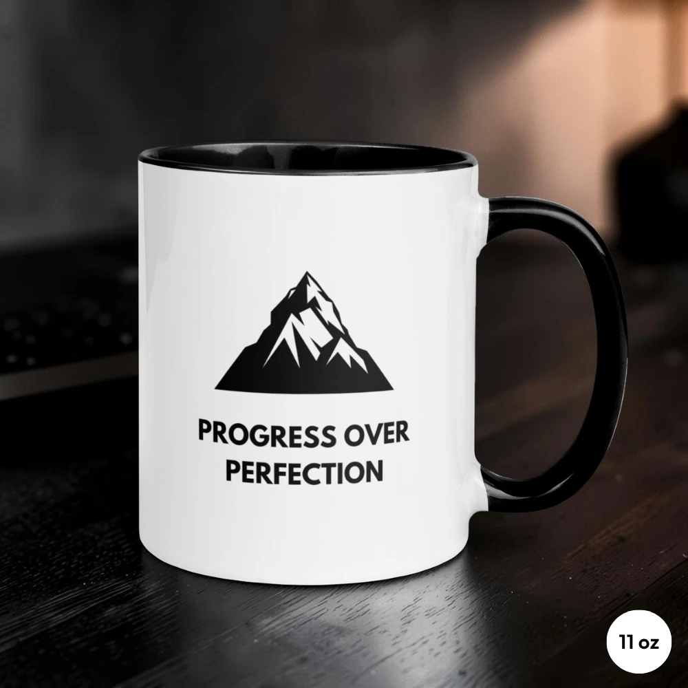 Progress Over Perfection 11 oz Black Coffee Mug Front View