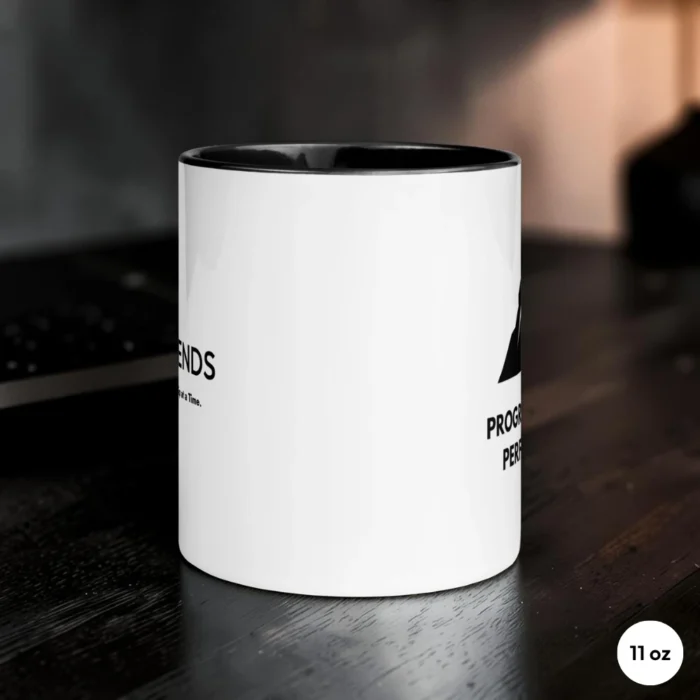 Progress Over Perfection 11 oz Black Coffee Mug Side View
