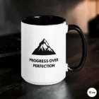Progress Over Perfection 15 oz Black Coffee Mug Front View
