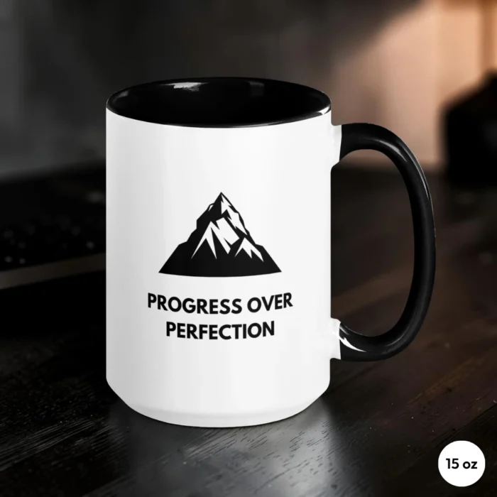 Progress Over Perfection 15 oz Black Coffee Mug Front View